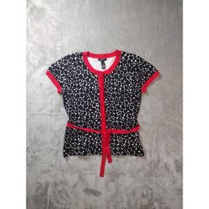 Alfani Top Womens L Short Sleeve Black White Red Button Belt Silk Blend Preppy